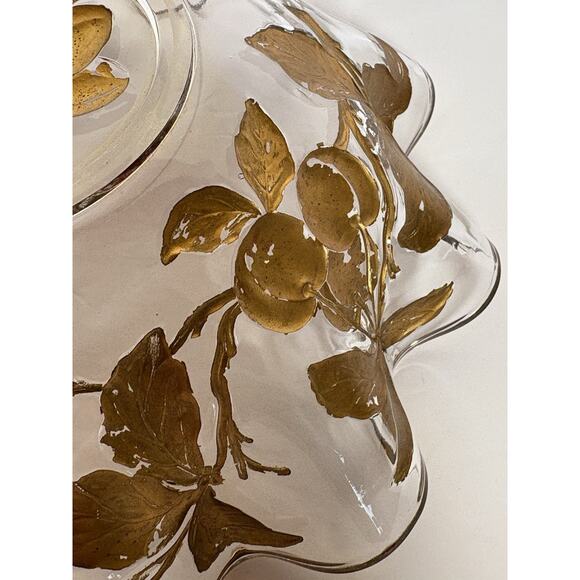 Vintage Glass Intaglio Fruit Bowl Goofus Glass Ruffled Gold Rim Red Fruit - Picture 10 of 14